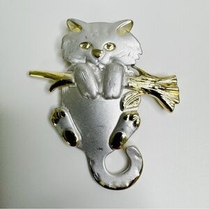 AJC Cat on Branch Brooch Silver Gold Kitten Pin Vintage American Jewelry Company